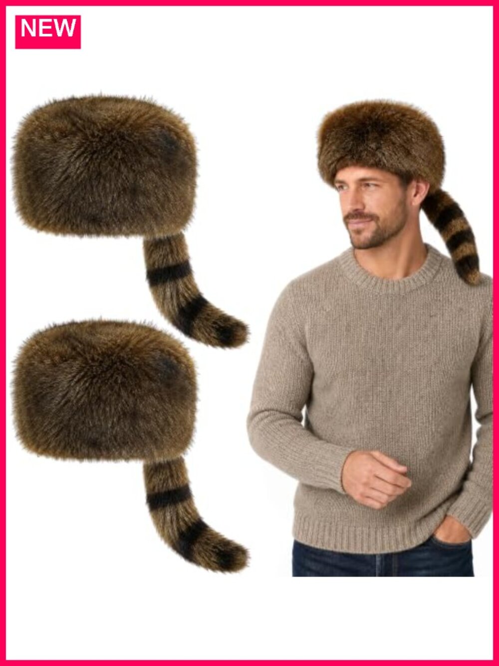 Faux Fur Raccoon Hat with Tail, 2 Pack, Trapper Style, Adjustable, Winter
